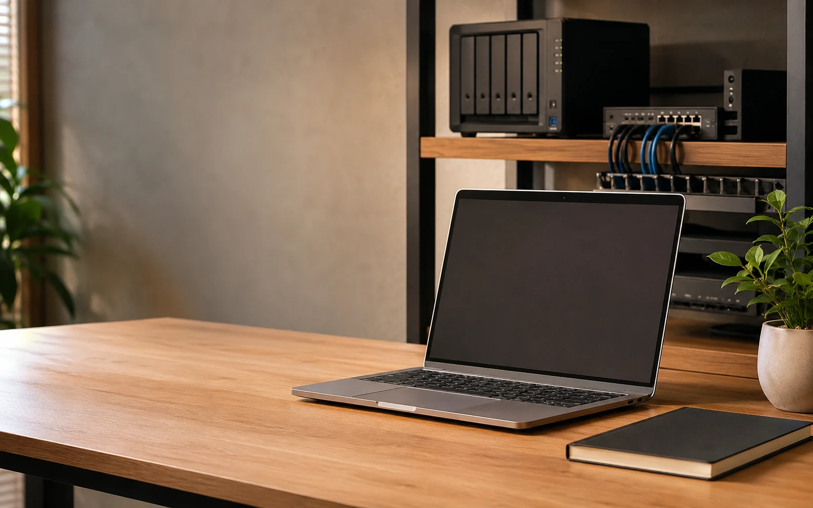 Photorealistic website support workspace with laptop and compact network hardware
