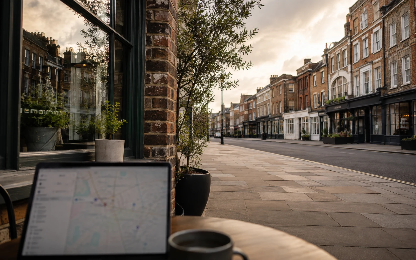 Photorealistic UK-style independent high street scene with subtle local search context