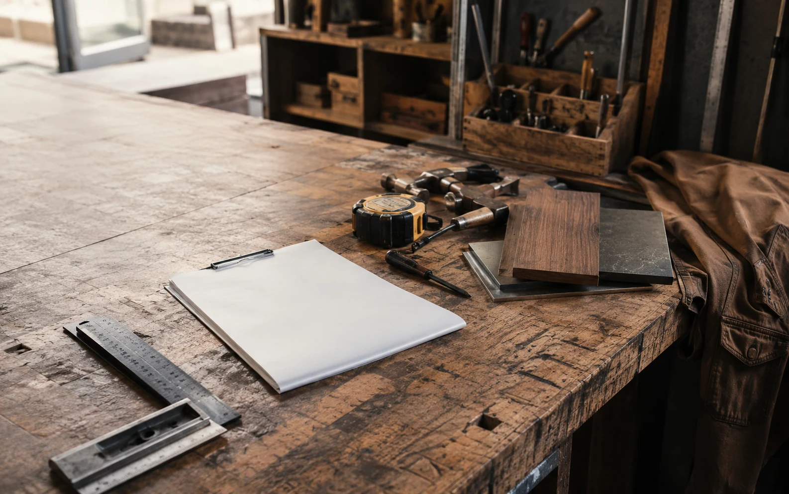 Photorealistic trades workbench with quality tools, materials and blank project planning paper