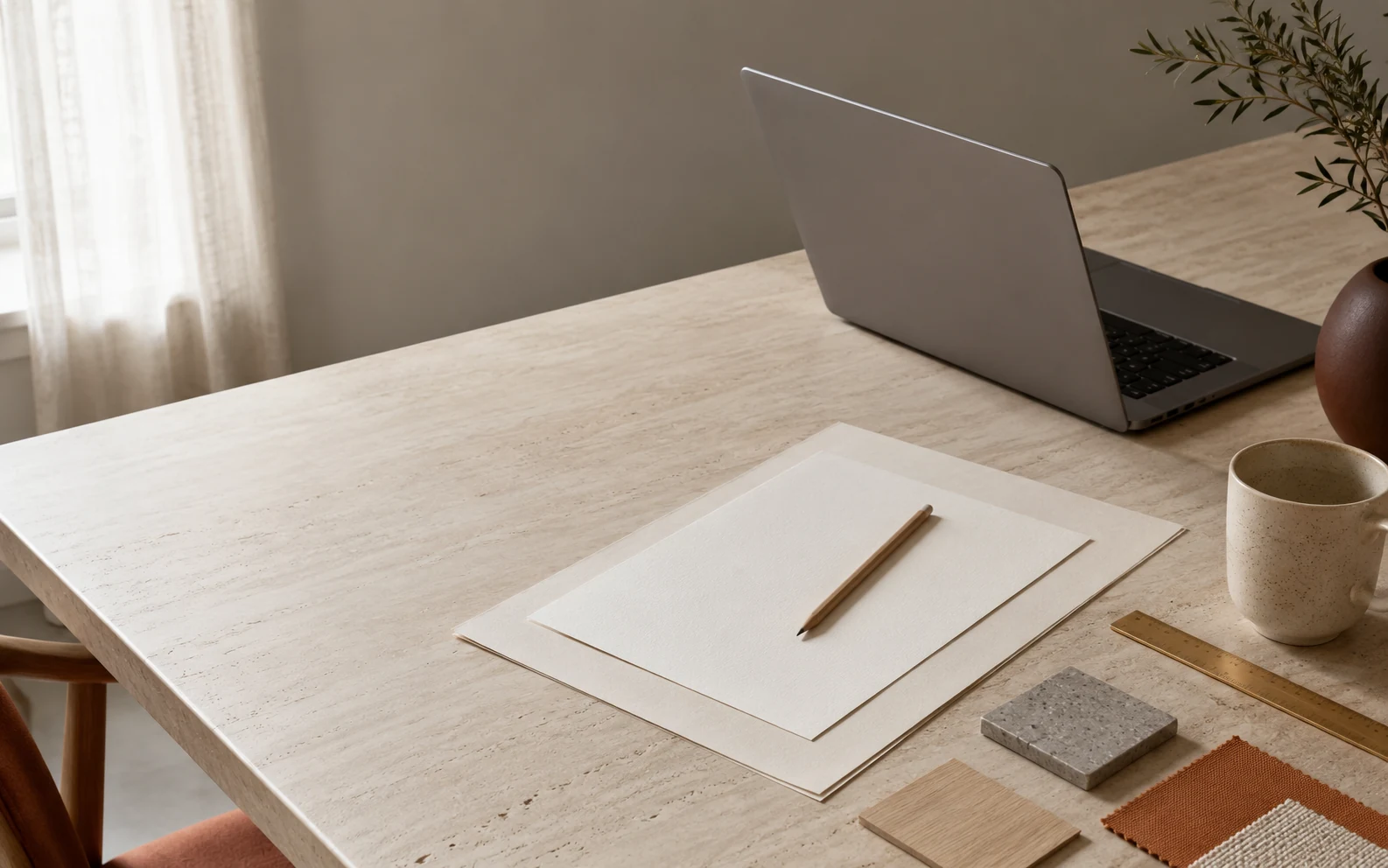 Photorealistic desk with laptop, blank planning papers and materials for scoping a small-business website