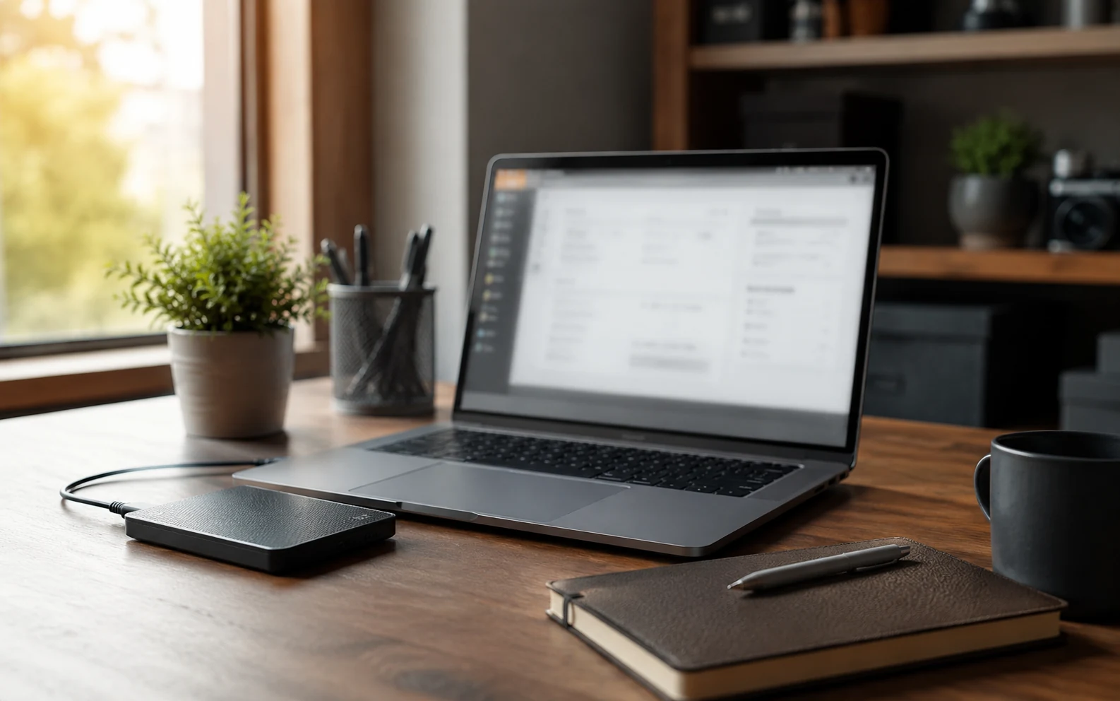Photorealistic website-care workspace with laptop, backup drive, notebook and plant