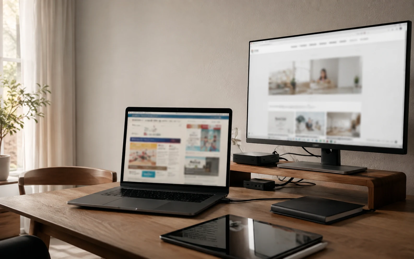Photorealistic workspace showing a website redesign process across two realistic screens