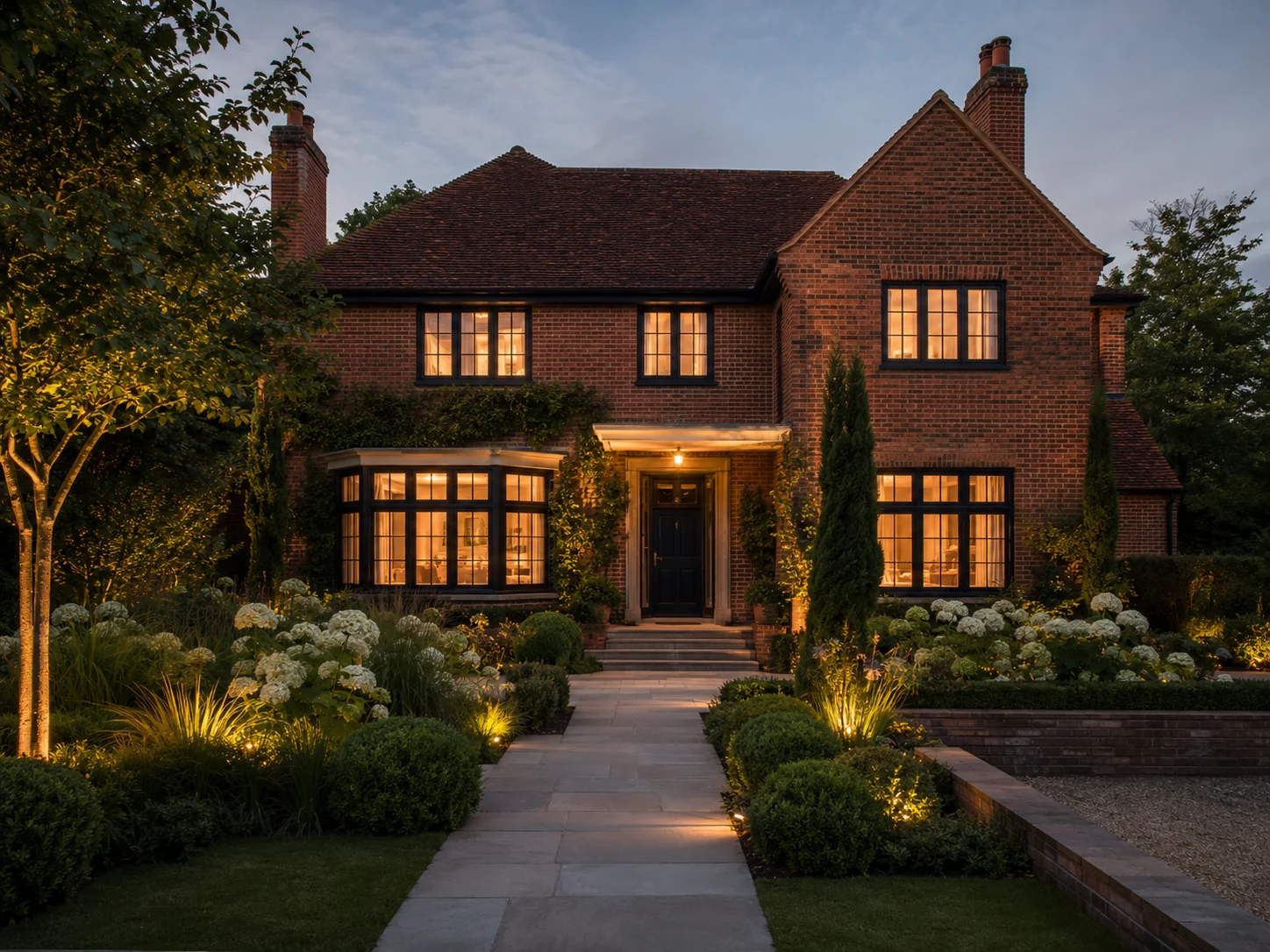 Traditional brick home at twilight