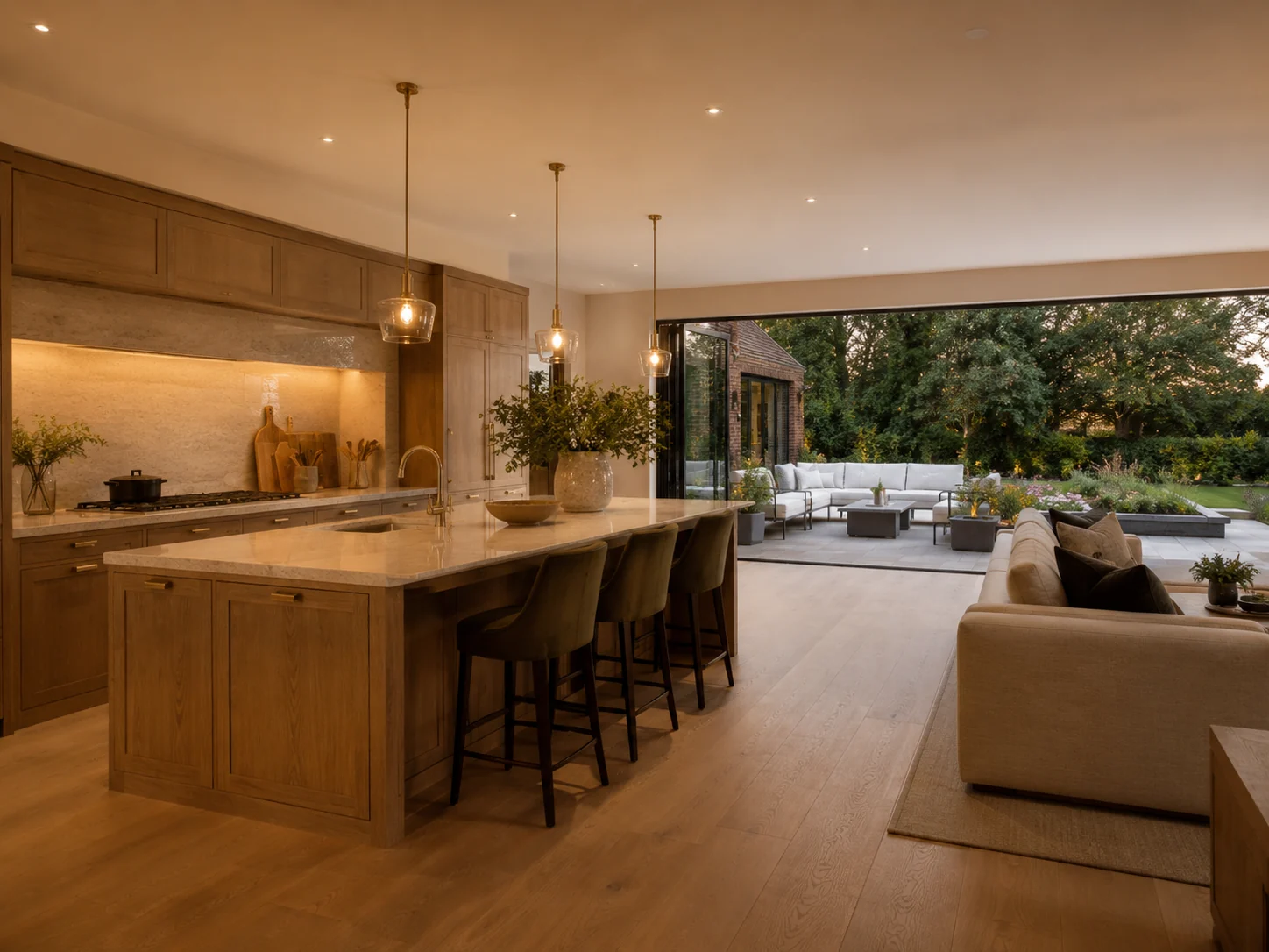 Warm open-plan kitchen and seating area