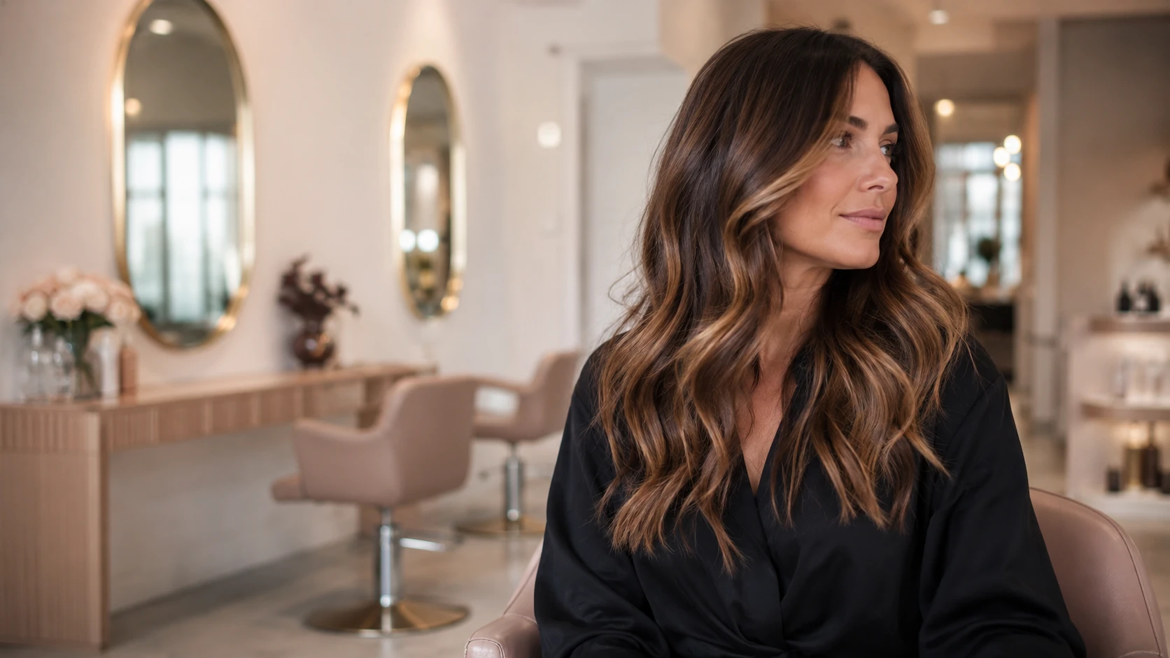 Velvet and Vine Studio concept showing a salon client in a warm boutique interior