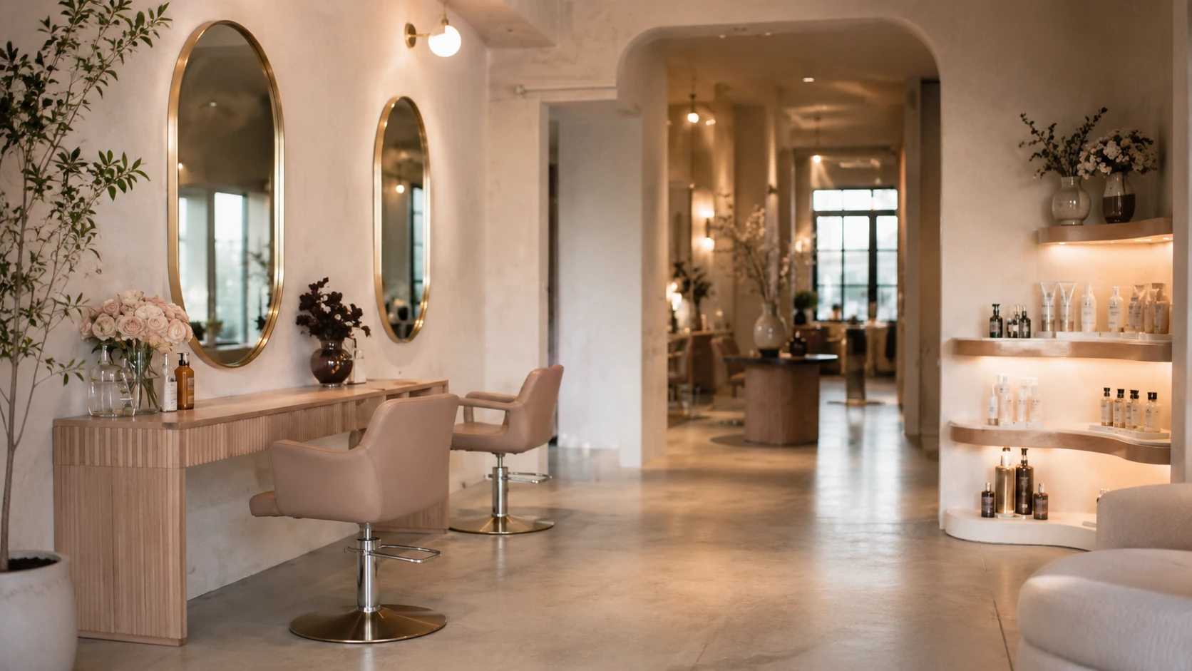 Premium warm salon interior with curved shelving