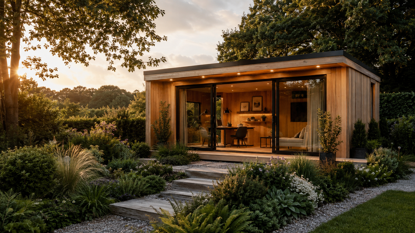 Contemporary timber garden studio in a landscaped garden