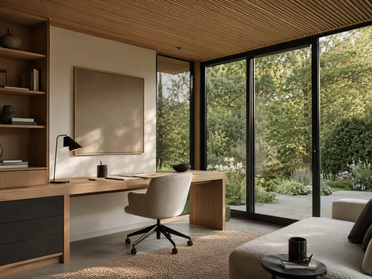 Calm, light-filled garden room interior